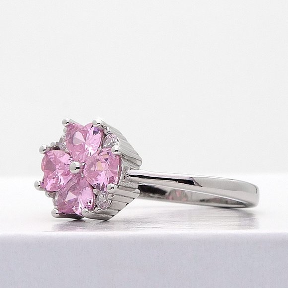 Pink 4 Leaf Clover Cubic Zirconia Ring, Sterling Silver Stamped 925, Size 6 - Picture 3 of 10